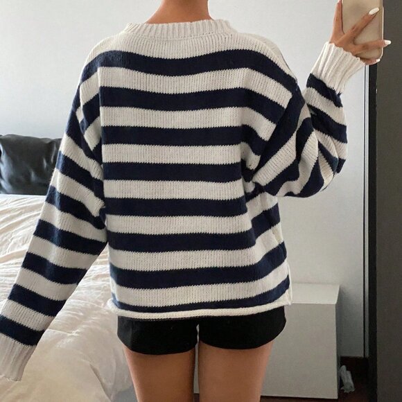 Royal Blue Casual Women's Loose Striped Knit Sweater - Picture 2 of 8